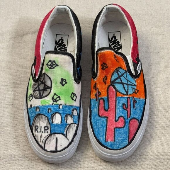 Vans Slip-On Canvas Sneakers Men’s 9 / Women’s 10.5 Custom Hand Drawn Art - Picture 1 of 15